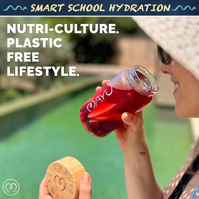 mayu Travel Water Bottle with Bamboo Lid - Eco Friendly & BPA Free Borosilicate Glass | Adult and Kids Bottles with Cap - Leak Free Design - Non-Toxic Reusable Bottle for Everyday Use | 0.5L, 17OZ