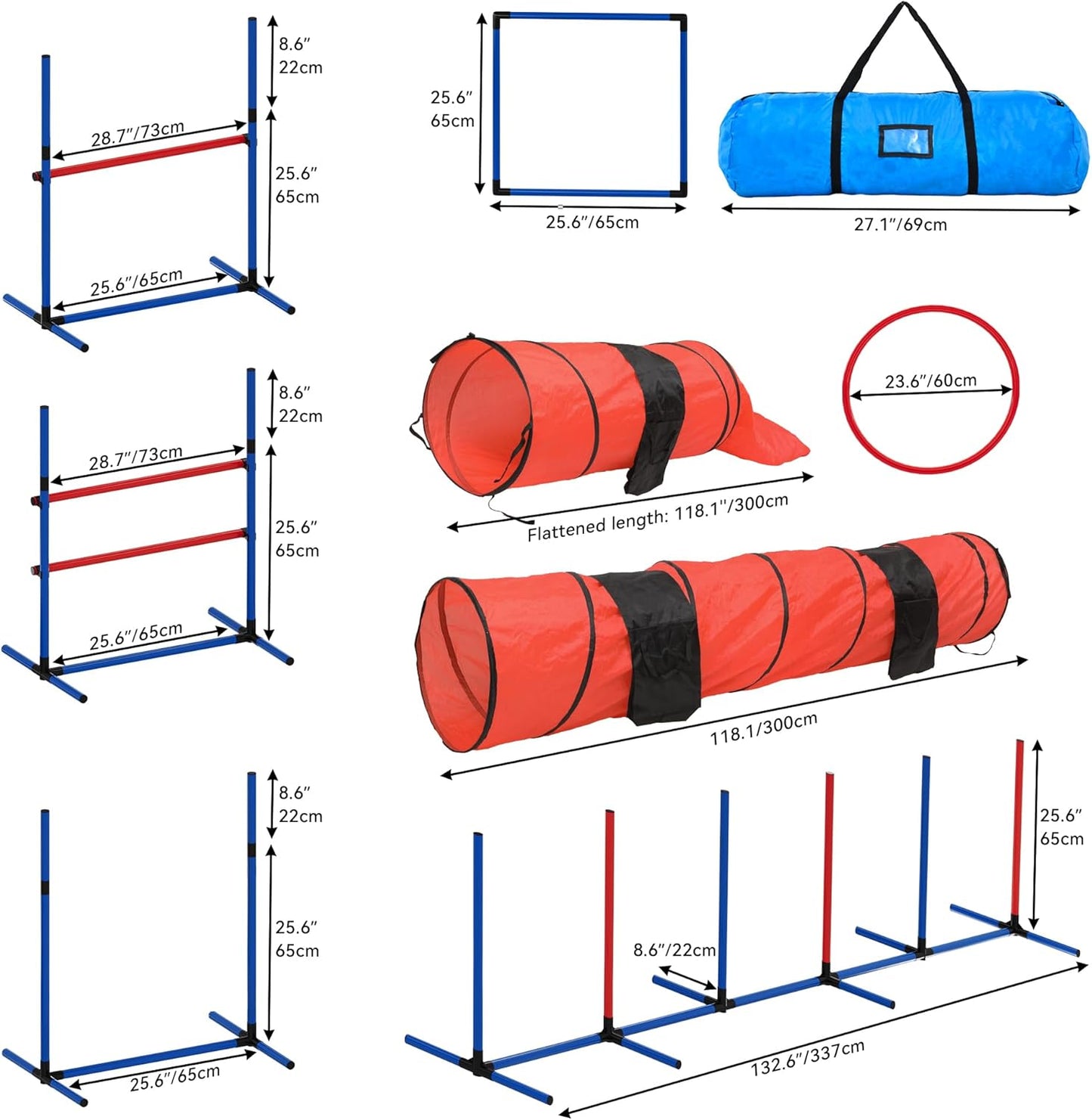 YITAHOME Dog Agility Training Equipment Set with 2 Flexible Tunnels, 2 Hurdles, Jump Ring, 6 Weave Poles, Pause Platform, Teaser Pole, 3 Flying Discs, and Carry Bags for Indoors Outdoors, Orange/Blue
