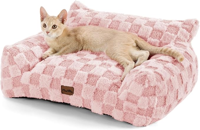 MADE 4 PETS Cat Beds for Indoor Cats, Cat Couch Bed, Soft Faux Fur Checkered Pet Sofa, Calming Fluffy Kitten Sofa with Supportive Foam, Removable Washable Cover with Non-Slip Base, Pink, Small