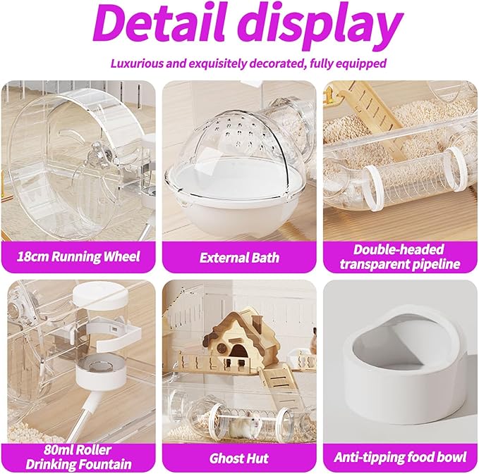 Large Hamster Cage 17x11x13 Inch Acrylic Habitat - Multi-Level Enclosure for Dwarf/Syrian Hamsters, Mice & Gerbils (Ventilated Design & Removable Base) (bungalows, 17x11x13)