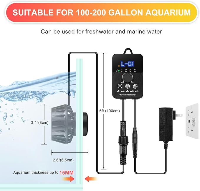 3400GPH Aquarium Wave Maker DC24V Power head with Magnetic Mounting,Wavemaker with Controller for 100-200 Gallon Fish Tanks