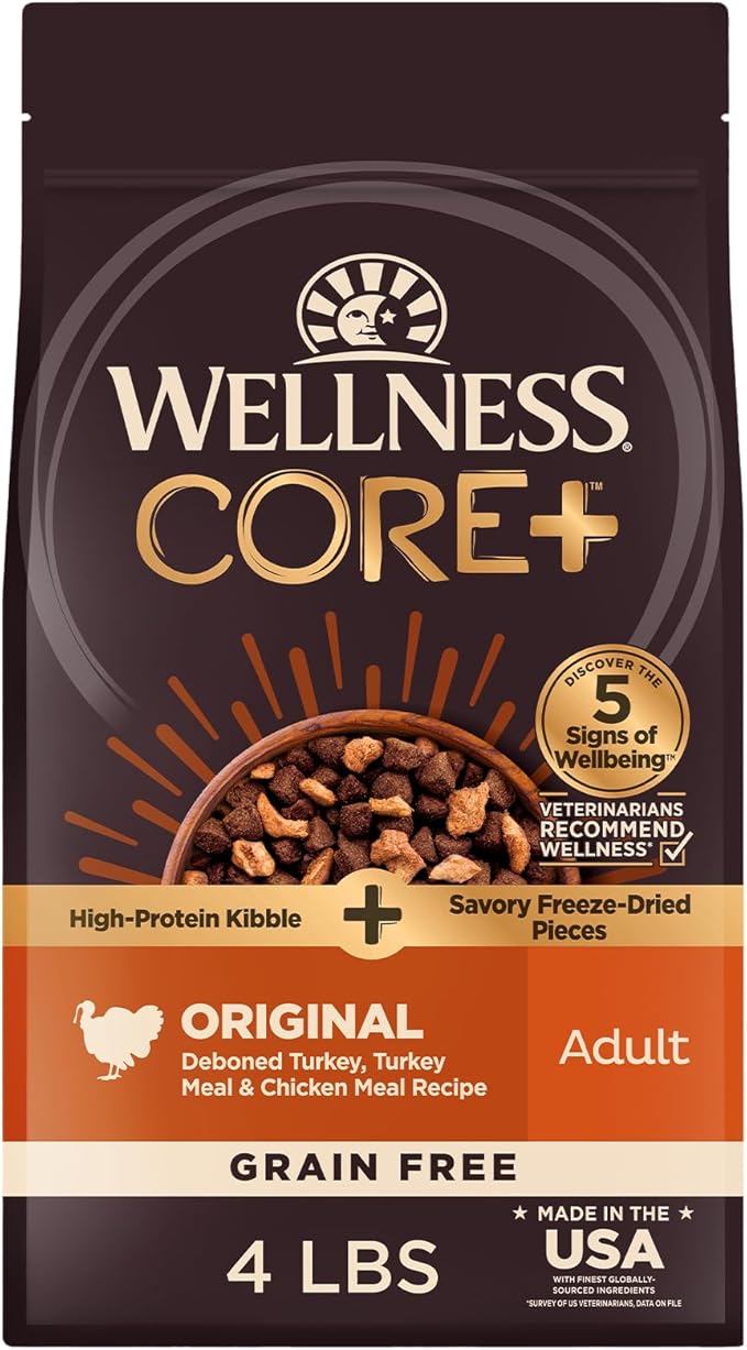 Wellness CORE+ Dry Dog Food with Freeze Dried Pieces, Grain Free, High Protein, Natural, Original Turkey & Chicken Recipe, (4-Pound Bag)