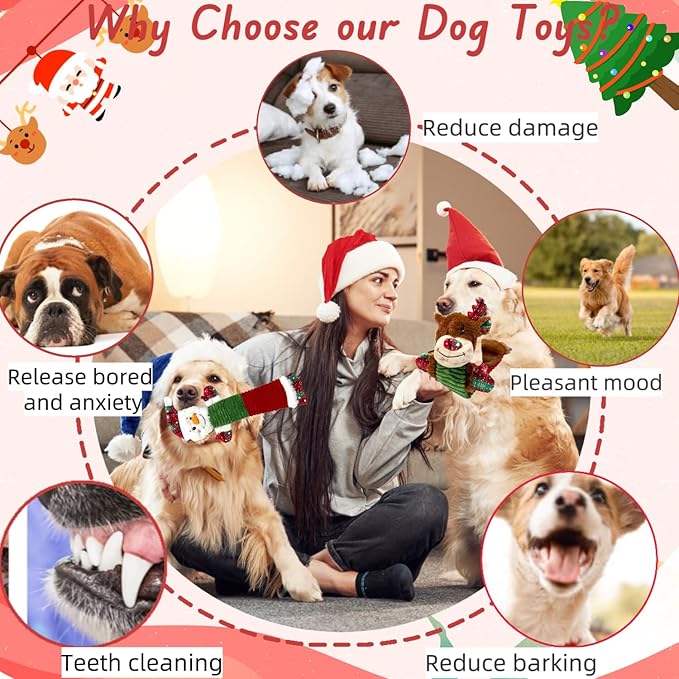 3PCS Christmas Dog Squeaky Toys with Crinkle, Xmas Interactive Plush Toys to Boredom, Dog Enrichment Chew Toys to Keep Them Busy, for Small Medium Large Size Santa Claus/Snowman/Deer
