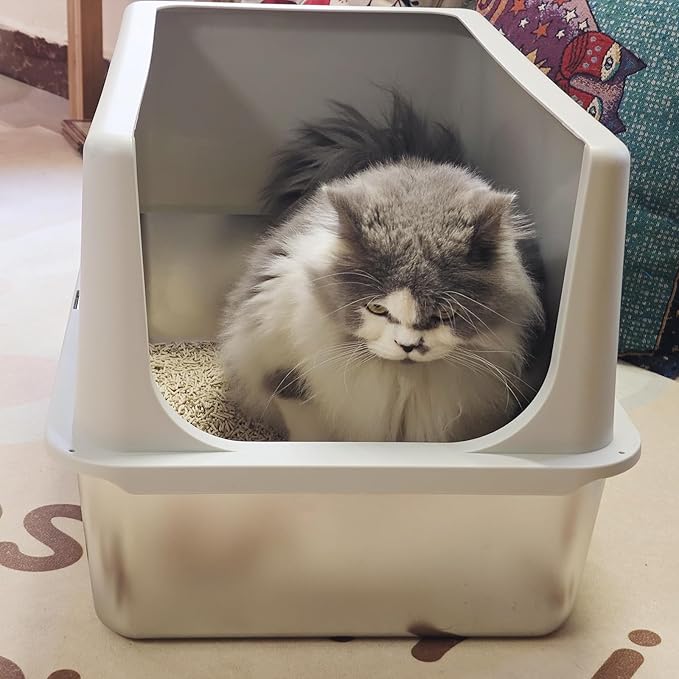 LIHONG Stainless Steel Cat Litter Box, XL Metal with Lid, Cat Litter Pan for Large Cats, Non-Sticky Large Kitty Litter Box, Anti-Leakage, 23.5" X 15.5" X 14" XXL