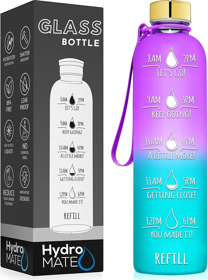 HydroMATE 32 oz Glass Water Bottle with Time Markers Reusable Leakproof Bottle with Hourly Markings 1 Liter