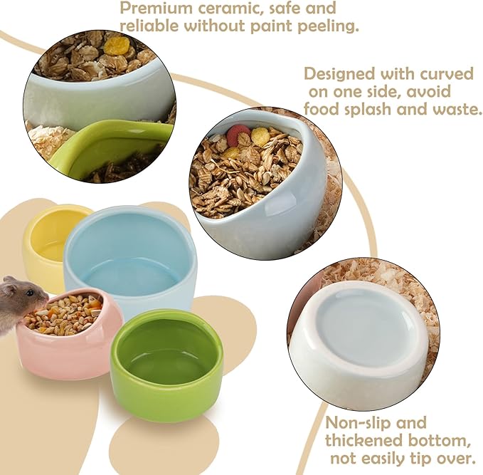 VanEnjoy 4 Pack Small Hamster Food Bowl Ceramic Guinea Pig Food Dish No Spill Hamster Food and Water Bowl Small Animal Food Bowl - Pink Blue Yellow and Green