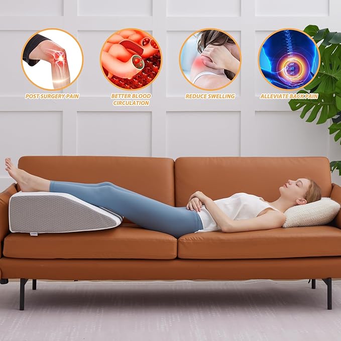 Leg Elevation Pillows, Leg Pillows for Sleeping, Cooling Gel Memory Foam Top, Wedge Pillow for Legs, Leg Wedges for Circulation, Swelling, After Surgery - Removable Cover (8 Inch, White/Grey)