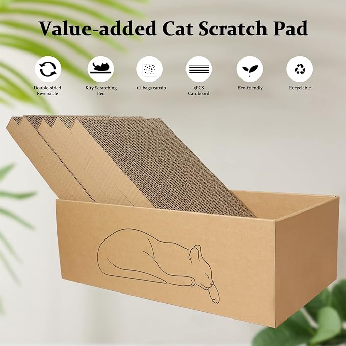 5 Packs in 1 Cat Scratch Pad with Box for Indoor Cats, Larger-Sized Durable Recyclable and Reversible Cardboard Cat Scratching Pad for Rest and Play