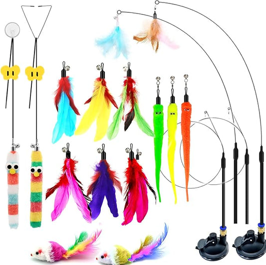 4-in-1 Interactive Cat Toys Set - Feather, String,Suction Cup Cat Toy Stick & Wand Toys with 15 Replaceable Attachments for Indoor Cats