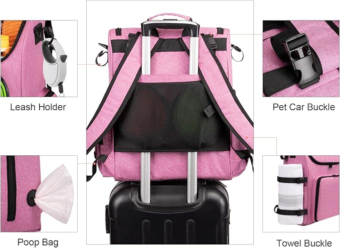 Modoker Dog Travel Bag Backpack, Airline Approved Pet Accessories Organizer for Dog and Cat with Shoulder Strap, 2 Dog Food Storage Containers, 2 Collapsible Dog Bowls,1 Pet Mat, Pink