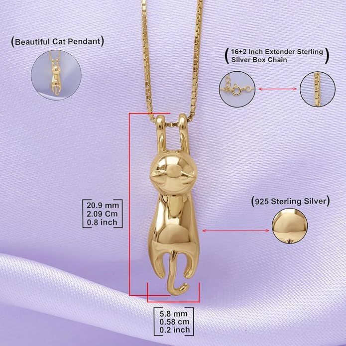 AFFY 925 Sterling Silver Cat Necklace for Women - Jewelry Gift for Cat Lovers - Flying Hanging Cat Pendant Collarbone Necklace