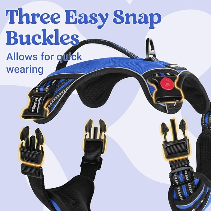 rabbitgoo Dog Harness for Large Dogs, No Pull Pet Harness with Soft Padded Handle, Adjustable Reflective Vest with 3 Buckles, Easy Walking Harness with 2 Leash Clips, Blue, L