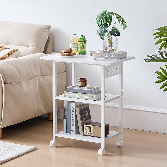 Lerliuo 3-Tier Printer Stand with Charging Station, Industrial Mobile Printer Table with Storage Shelf and Steel Frame, Rolling Printer Cart Holder with Lockable Wheels for Home, Office (White)