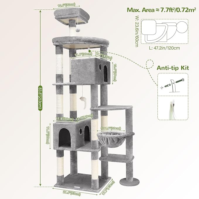 Globlazer Giant Cat Tree, 83 inch Cat Tree for Indoor Cats Large Adult, XXL Cat Tower with 9 Scratching Posts for 20lb+ Heavy Duty Large Adult Cats, F83, Light Grey
