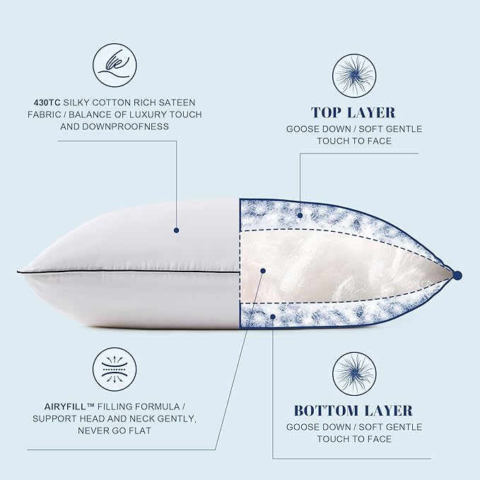 Goose Down Pillows Queen Size Set of 2, Luxury Hotel Collection Bed Pillow 2 Pack, Airyfil™ Powered Fillings & Feather Pillow，Soft Fluffy for Side, Back, Stomach Sleepers 20"x30"