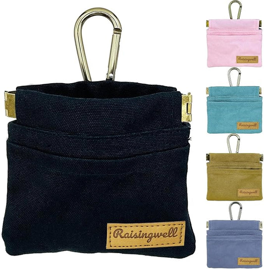 Dog Treat Pouch, Black Pocket Sized Pet Training Pouch, Cotton Fabric, Hand Free Dog Walking Bag with Carabiner, Self-Closing Pet Feed Snack Reward, for Pet Puppy Travel or Outdoor Use