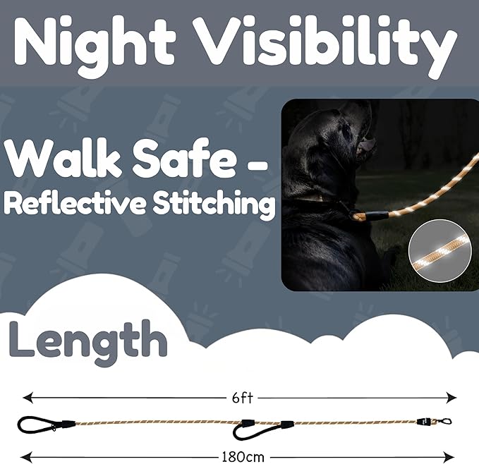 Premium 6 Ft Dog Leash - Two Extra Padded Handles, Heavy Duty Leashes for Medium Dogs to Large Breeds, Reflective, Shock-Absorbing, Anti-Pull Rope Leash, Strong Pet Lead for Everyday Walks - Roam Gear