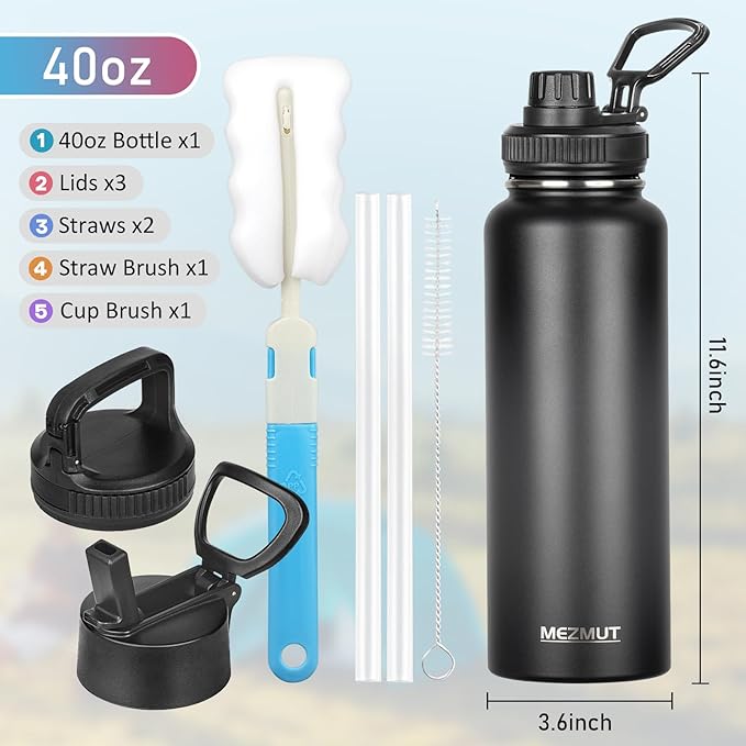 MEZMUT Insulated Water Bottle with Straw&3 Lids 40oz Stainless Steel Water Bottles Sports Metal Water Bottle Double Walled Vacuum Insulated Bottles Thermos Leak-Proof Travel Thermal (Black)