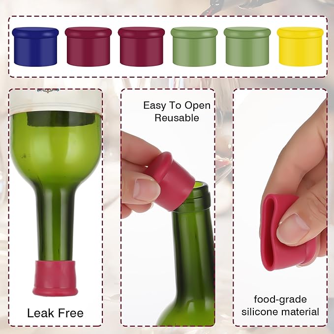 6PCS Wine Stoppers Reusable Silicone Wine Bottle Stopper Corks - Airtight Seal to Keep Fresh for Beverages, Beer, Champagne, Wine (Rose Red, Blue, Green, Yellow)