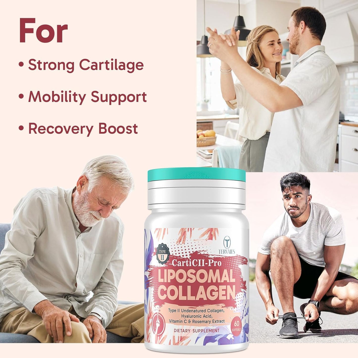 Liposomal Collagen Joint Support Supplement - Undenatured Type II Collagen for Men & Women with Hyaluronic Acid & Vitamin C for Joints Health & Mobility, 60 Softgels