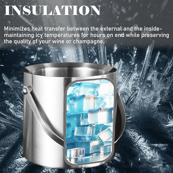 Ice Bucket with Lid, Handle and Tong Insulated Stainless Steel Champagne Bucket 3L Wine Bucket for Party Bar Cart Accessories Large Double Wall Bucket Keep Frozen