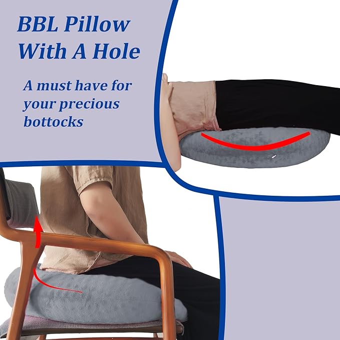 BBL Pillow After Surgery for Butt Sleeping, Brazilian Butt Lift Pillow Post Surgery Recovery for Sitting Sleeping Driving Donut Pillow for Woman Lumbar Back Cushion Seat Foam (Grey)