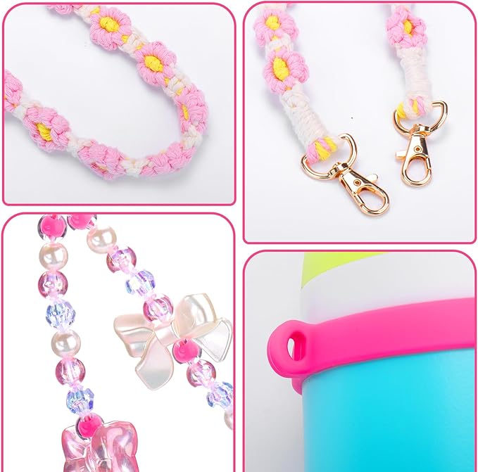 Mity rain Water Bottle Accessories Set for Owala, Including Water Bottle Handle Strap, Charms,Bohemian Style Personality and Easy to Carry (Pink, 24oz)