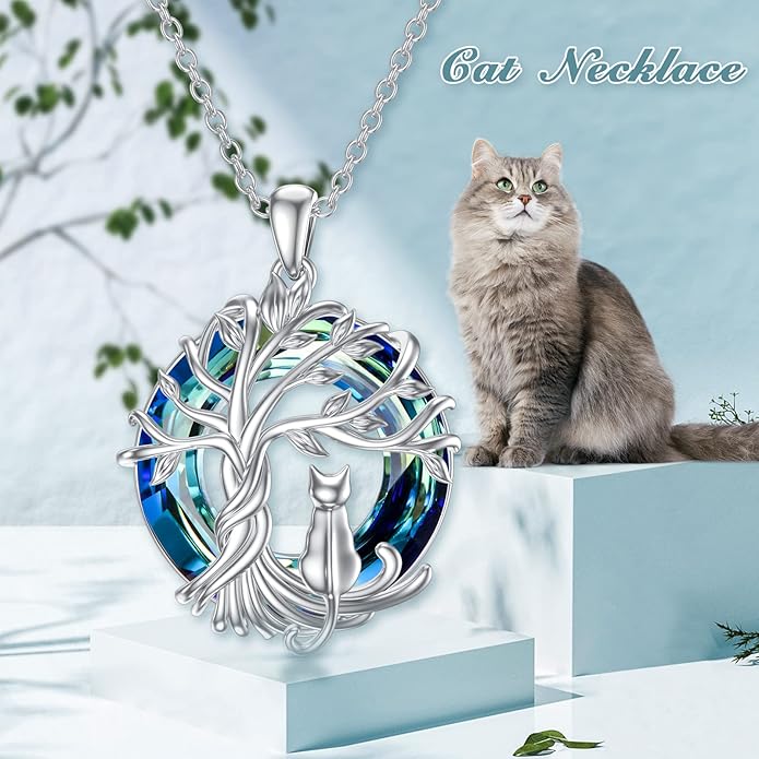 TOUPOP Cat Gifts for Cat Lovers Sterling Silver Cute Cat Tree of Life Pendant Necklace with Blue Circle Crystal Birthday Christmas Jewelry Gifts for Women