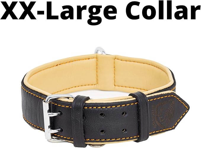 Riparo Adjustable Leather Dog Collar - Heavy Duty Wide Dog Collar for Small, Medium, Large and Extra Large Dogs with Dog Tag Holder (XXL: 2” Wide for 24”-29” Neck, Black/Orange Thread)