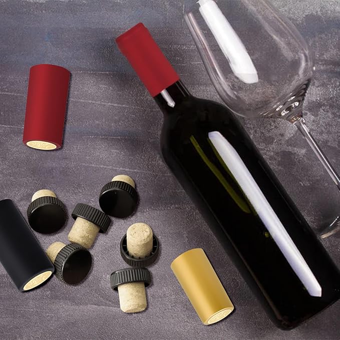 50pcs Wine Bottle Cork Stopper with 50pcs Black Plastic Top, Gold, Red and Black PVC Heat Shrink Capsules, T-Shape Wine Corks and Wine Bottle Seals Shrink Caps for Wine