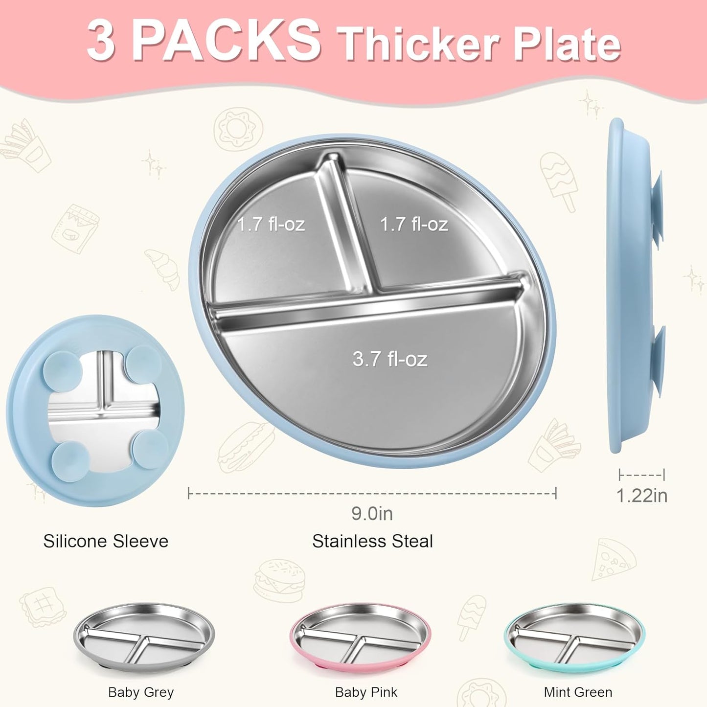 Stainless Steel Toddler Plates Silicone Suction,3 Packs Non-Slip Baby Plates,Divided Portion,Food-Grade Silicone Plate for Kids,LEAD-FREE Dishwasher Safe,Grey Mint Green Pink