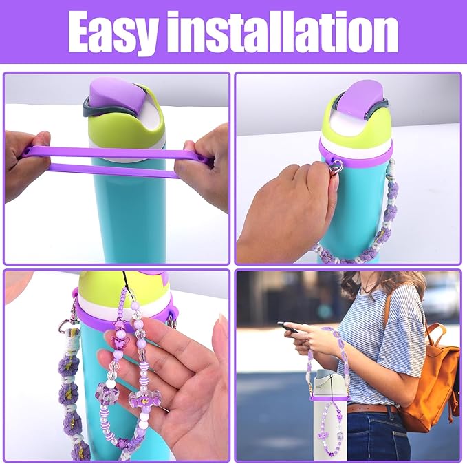 Mity rain Water Bottle Accessories Set for Owala, Including Water Bottle Handle Strap, Charms,Bohemian Style Personality and Easy to Carry (Purple, Universal (not Include Boot))