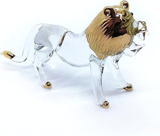 WitnyStore Tiny 3¼" Long Clear Gold Standing Lion Roaring Figurine - Miniature Hand Blown Painted Glass Panthera Wild Cat Small Crystal Wildlife Animals Decorative Collectible Figurines Décor Gifts