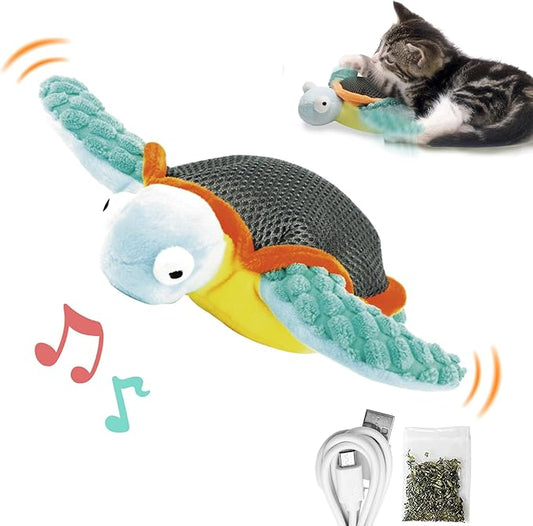 Cat Toys, Flapping Fins Cute Turtle, No Flying, Chirping Bird Interactive Catnip Toy for Kitten or Small Dogs, Touch Activated, Rechargable