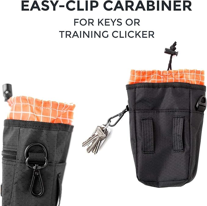 Mighty Paw Dog Treat Bag - Drawstring Closure Pouch - Includes Carabiner Hook and Pick-up Bags - With Reflective Belt - Dog Training Treats Pouch (Black)