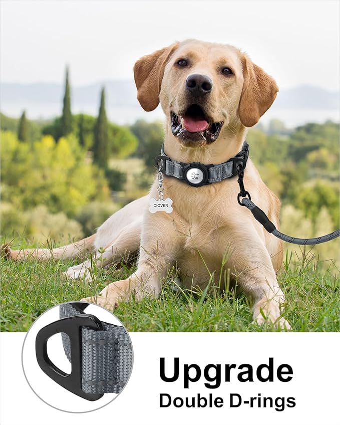 TagME Airtag Dog Collar,Waterproof Reflective Pet Collar with Airtag Holder,Soft Padded and Double D-Rings for Extra Large Dogs,Grey