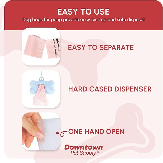 Downtown Pet Supply Unscented Poop Bags for Dogs with Dispenser, 180 Count - Leak-Proof Dog Waste Bags and Bone-Shaped Dog Poop Bags Holder for Leash - Pastel Rainbow, 12.5" x 8.5"