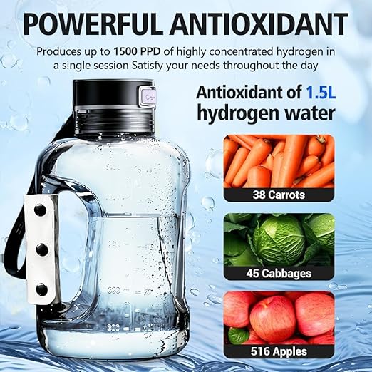 Hydrogen Water Bottle 50oz 1.5L Large Capacity Hydrogen Water Bottle Generator, shatterproof, Suitable for Gym, Playground and Outdoor scenarios, Hydrogen Concentration up to 1600ppb ((Grey/1500ml))