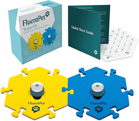 FluentPet Tester Kit - Set of 2 Dog Talking Buttons & HexTiles - Customizable Cat & Dog Training Buttons for Communication - Batteries Included - Pet Buttons Gift Set