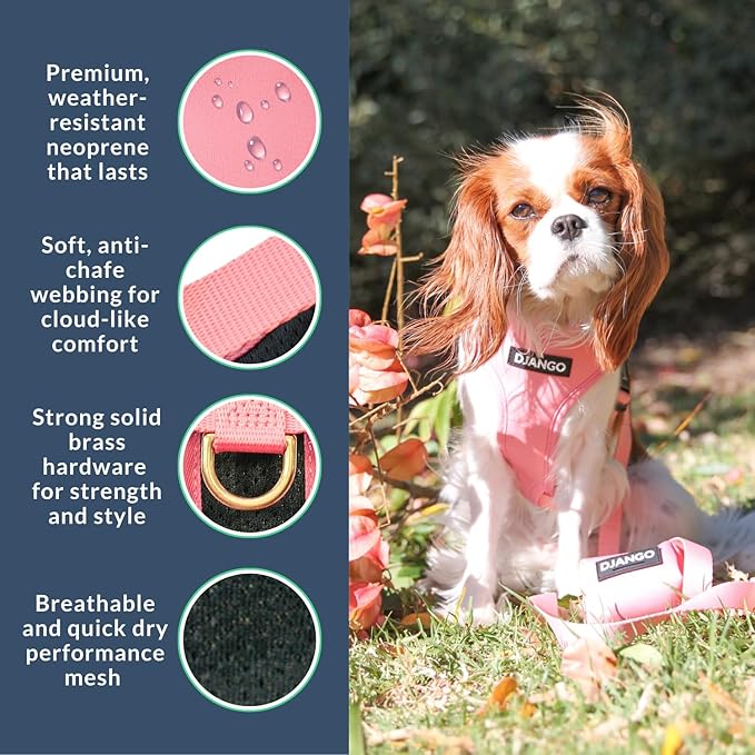 DJANGO Adventure Dog Harness - Stylish, and Durable Large Dog Harness for Outdoor Adventures and Everyday Wear - Quartz Pink Neoprene Adjustable Harness for Dogs with Reflective Piping, Brass D-Ring