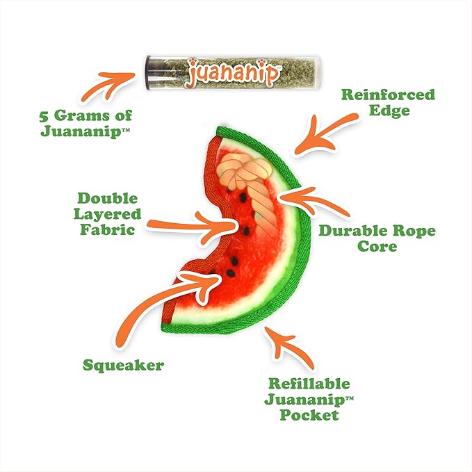 Doggijuana Tuffer Chewer Mini Plush Dog Toy | Funny Dog Toy Plush with Juananip Catnip for Dogs | Calming Aid for Dogs | Interactive Squeaky Chew Toy for Play (Watermelon Slice)