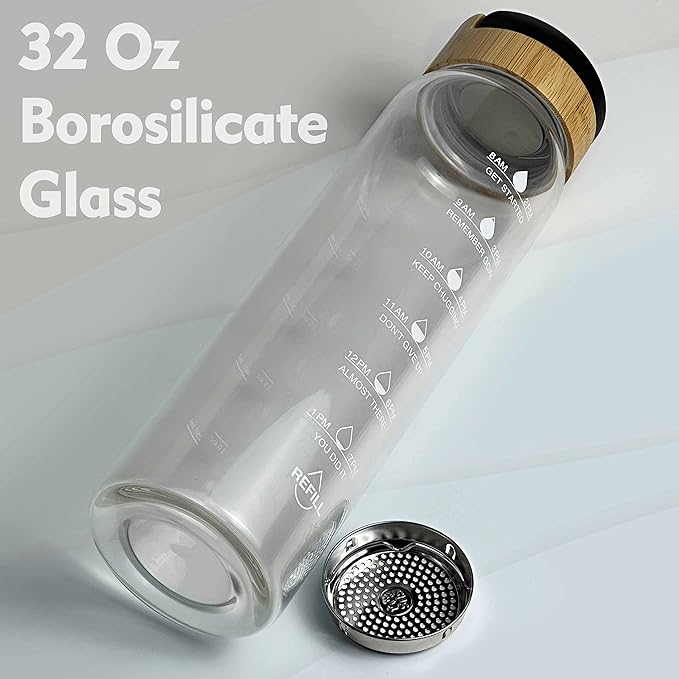 32 oz Motivational Glass Water Bottles with Bamboo Lid Straw and Time Marker - Sports Water Bottle for Drinking