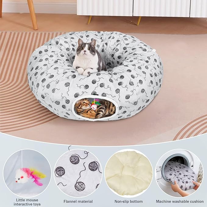 Ownpets Large Cat Tunnel Bed for Indoor Cats, Soft Plush Cat Donut Tunnel with Washable Cushion for Kitten, Puppy, Rabbit, Gray