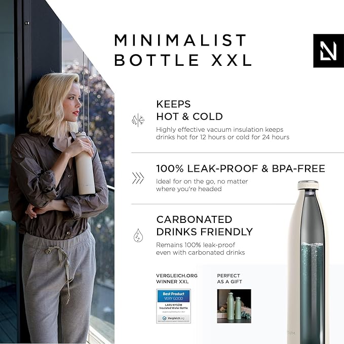 LARS NYSØM Stainless Steel Insulated XL Water Bottle 12oz 17oz 25oz 34oz 51oz | BPA-free Insulated Thermo Flask for Hot and Cold Beverages | Leakproof Large Drinking Bottle (Buttercream, 51oz)