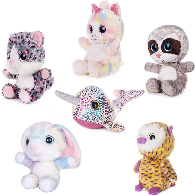 My OLi 7" Adorable Stuffed Animals Bulk - 6 Pcs Fairy Tale Plush Toys (Sloth, Unicorn, Rabbit, Narwhal, Owl, Cat) - Perfect Plushies for Babies Kids Girls & Boys