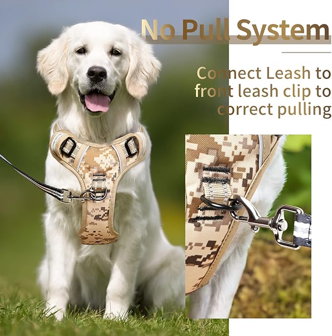 HEELE Dog Harness, No Pull Adjustable Padded Reflective Harness for Small Medium Large Dogs with Handle for Walking Training, Camo Tan, M