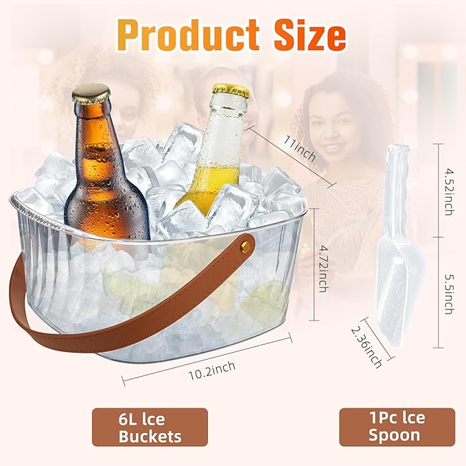 Ice Bucket for Parties, Ice Bucket Bar Beer 6L, Clear Plastic Champagne Bucket with Leather Carrying Handle, Square Ice Bucket with Scoop for Cocktail Bar, Parties, Drinks, Wine, Beer Bottles