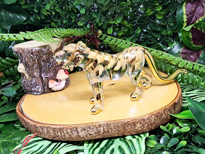 WitnyStore Tiny 6¼" Long Clear Gold Standing Tiger Roaring Figurine - Miniature Hand Blown Painted Glass Panthera Wild Cat Small Crystal Wildlife Animals Decorative Collectible Figurines Décor Gifts
