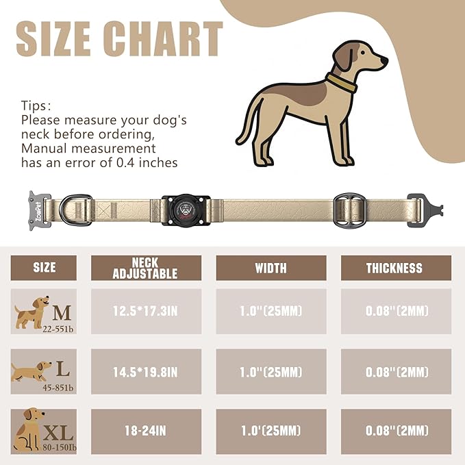 Airtag Dog Collar - Leather Dog Collar with Airtag Holder| IP68 Waterproof AirTag Holder with Metal Buckle, Comfortable GPS Dog Collars Tracker for Medium Large Dogs (Champagne Gold, M)