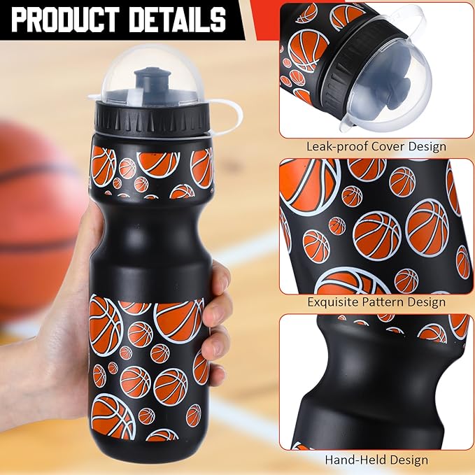24 Pcs 24 oz Basketball Water Bottle Bulk and Drawstring Bag Set 12 Reusable Plastic Biking Water Bottle Tumbler 12 Sport Gym Goodie Gift Bag for Party Favor (Orange, Black)
